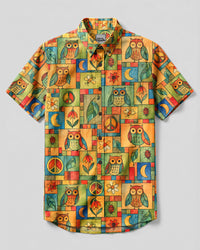 PEACEFUL OWL FOLK PATCHWORK BUTTON-DOWN COLLAR SHIRT - TLHG0809262