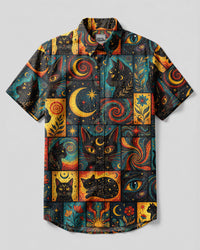 MYSTIC CELESTIAL BLACK CAT PATCHWORK BUTTON-DOWN COLLAR SHIRT - TYLN0309262