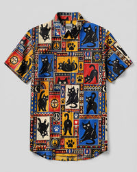 RETRO BLACK CAT FUNNY PATCHWORK BUTTON-DOWN COLLAR SHIRT - TLNO1509262
