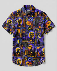 BLACK CAT HORROR PATCHWORK HALLOWEEN BUTTON-DOWN COLLAR SHIRT  - TLNO0709262