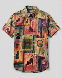 BOHEMIAN BLACK CAT PATCHWORK BUTTON-DOWN COLLAR SHIRT - TLNO3007262