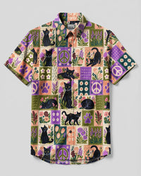 WHIMSICAL FLORAL BLACK CAT PATCHWORK BUTTON-DOWN COLLAR SHIRT  - TLNO1210264