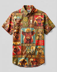 BOHO WESTERN HIGHLAND COW RETRO PATCHWORK BUTTON-DOWN COLLAR SHIRT  - TLNT0709264