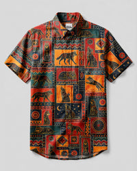 TRIBAL WOLF PATCHWORK BUTTON-DOWN COLLAR SHIRT - TLNT1908264