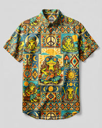 RETRO TRIBAL FROG MOSAIC BUTTON-DOWN COLLAR SHIRT - TLNT1409264