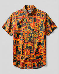 BLACK CAT ORANGE SWIRL PATCHWORK BUTTON-DOWN COLLAR SHIRT  - TLNT2909264