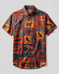 BOHO WOLF AND RAVEN PATCHWORK BUTTON-DOWN COLLAR SHIRT  - TLNT0909261