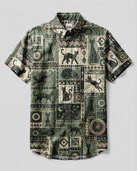 BOHO TRIBAL CAT PATCHWORK BUTTON-DOWN COLLAR SHIRT - TLNT1908261