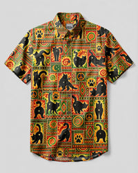 BATIK BLACK CAT FUNNY PATCHWORK BUTTON-DOWN COLLAR SHIRT - TLNT1509263