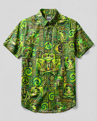 TRIBAL FROG GREEN PATCHWORK BUTTON-DOWN COLLAR  SHIRT  - TLNT1210262