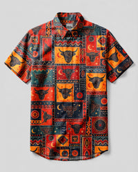 BOHO TRIBAL HIGHLAND COW PATCHWORK BUTTON-DOWN COLLAR SHIRT  - TLNT0709261