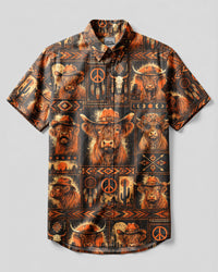 BOHO WESTERN HIGHLAND COW PATCHWORK BUTTON-DOWN COLLAR SHIRT - TLNT2208266