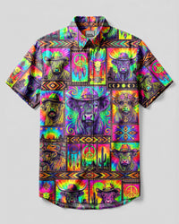 BOHO WESTERN HIGHLAND COW COLORFUL PATCHWORK BUTTON-DOWN COLLAR SHIRT  - TLNT0709267