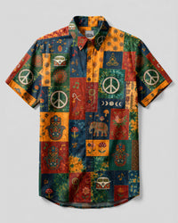 VIBRANT BOHO HIPPIE PATCHWORK BUTTON-DOWN COLLAR SHIRT - TLHG0508262