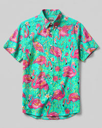 FLAMINGO PARADISE ART PATTERN BUTTON-DOWN COLLAR SHIRT - TLHG1906265