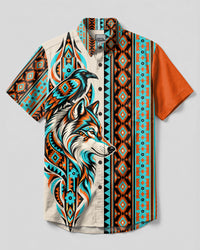 WOLF AND RAVEN TRIBAL SPLITWORK BUTTON-DOWN COLLAR SHIRT - TLTW1209269