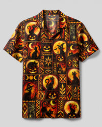 BLACK CAT MOONLIGHT PATCHWORK HALLOWEEN CAMP SHIRT  - TLTW0709266