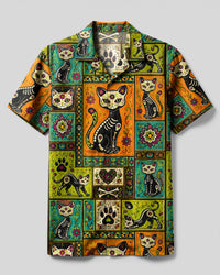 DIA DE LOS MUERTOS BLACK CAT MOSAIC CAMP SHIRT  - TLHG0709262