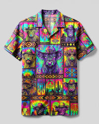 BOHO WESTERN HIGHLAND COW COLORFUL PATCHWORK CAMP SHIRT  - TLNT0709268