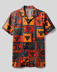 BOHO TRIBAL HIGHLAND COW PATCHWORK CAMP SHIRT  - TLNT0709262