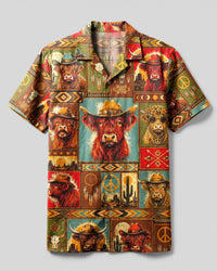 BOHO WESTERN HIGHLAND COW RETRO PATCHWORK CAMP SHIRT  - TLNT0709265