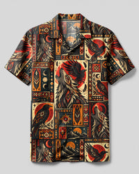RETRO TRIBAL WOLF AND RAVEN PATCHWORK CAMP SHIRT - TLHG0809265