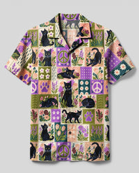 WHIMSICAL FLORAL BLACK CAT PATCHWORK CAMP SHIRT  - TLNO1210263