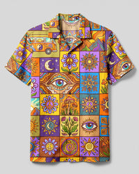 RETRO PEACE BUS AND EYE COLLAGE PATCHWORK CAMP SHIRT - TYLN2708265
