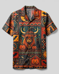HIGHLAND COW WITH CAT HALLOWEEN HIPPIE PIXEL PATCHWORK CAMP SHIRT - TYLN2008262
