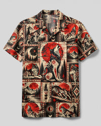 TRIBAL WOLF RED MOON PATCHWORK CAMP SHIRT  - TLTW1410264