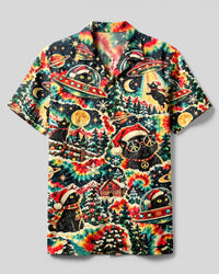 CHRISTMAS COSMIC BLACK CAT SWIRL CAMP SHIRT - YHLN1310263