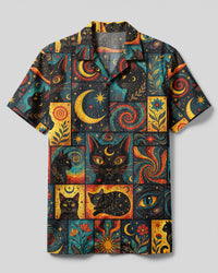 MYSTIC CELESTIAL BLACK CAT PATCHWORK CAMP SHIRT - TYLN0309261