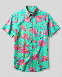 FLAMINGO PARADISE ART PATTERN BUTTON-DOWN COLLAR SHIRT - TLHG1906265