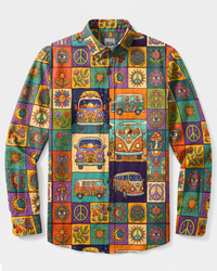 GROOVY HIPPIE VAN PATCHWORK LONG SLEEVE BUTTON-DOWN SHIRT - TYPQ2708268
