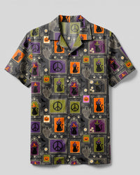 PEACE LOVE AND BLACK CATS HALLOWEEN PATCHWORK CAMP SHIRT - TYPQ2508266