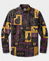 MYSTIC PURPLE CELESTIAL CAT PATCHWORK LONG SLEEVE BUTTON-DOWN SHIRT - TYPQ0309262