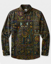 MYSTIC CAT TAPESTRY PATCHWORK LONG SLEEVE BUTTON-DOWN SHIRT - TYPQ2108263