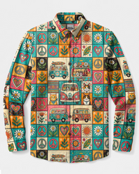 GROOVY CAT HIPPIE BUS PATCHWORK LONG SLEEVE BUTTON-DOWN SHIRT - TYPQ2808265