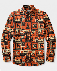SPOOKTACULAR RETRO HALLOWEEN PATCHWORK LONG SLEEVE BUTTON-DOWN SHIRT - TYPQ2208262