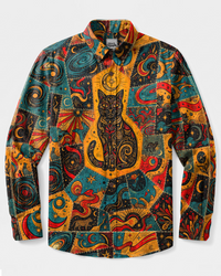 COSMIC CAT PATCHWORK LONG SLEEVE BUTTON-DOWN SHIRT - TYPQ2909265