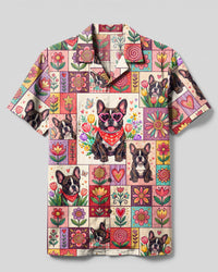 FRENCH BULLDOG FLORAL HEART PATCHWORK CAMP SHIRT - TYPQ27082615