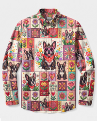 FRENCH BULLDOG FLORAL HEART PATCHWORK LONG SLEEVE BUTTON-DOWN SHIRT - TYPQ27082614