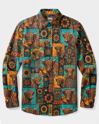 HIGHLAND COW MOSAIC LONG SLEEVE BUTTON-DOWN SHIRT - TYPQ1509264