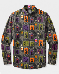 PEACE LOVE AND BLACK CATS HALLOWEEN PATCHWORK LONG SLEEVE BUTTON-DOWN SHIRT - TYPQ2508265