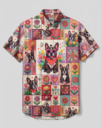FRENCH BULLDOG FLORAL HEART PATCHWORK BUTTON-DOWN COLLAR SHIRT - TYPQ27082613