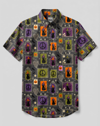 PEACE LOVE AND BLACK CATS HALLOWEEN PATCHWORK BUTTON-DOWN COLLAR SHIRT - TYPQ2508264