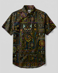 MYSTIC CAT TAPESTRY PATCHWORK BUTTON-DOWN COLLAR SHIRT - TYPQ2108262