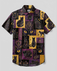 MYSTIC PURPLE CELESTIAL CAT PATCHWORK BUTTON-DOWN COLLAR SHIRT - TYPQ0309261