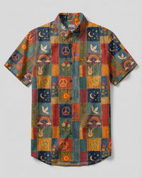 BOHEMIAN PEACE PATCHWORK BUTTON-DOWN COLLAR SHIRT - TLTW3007266