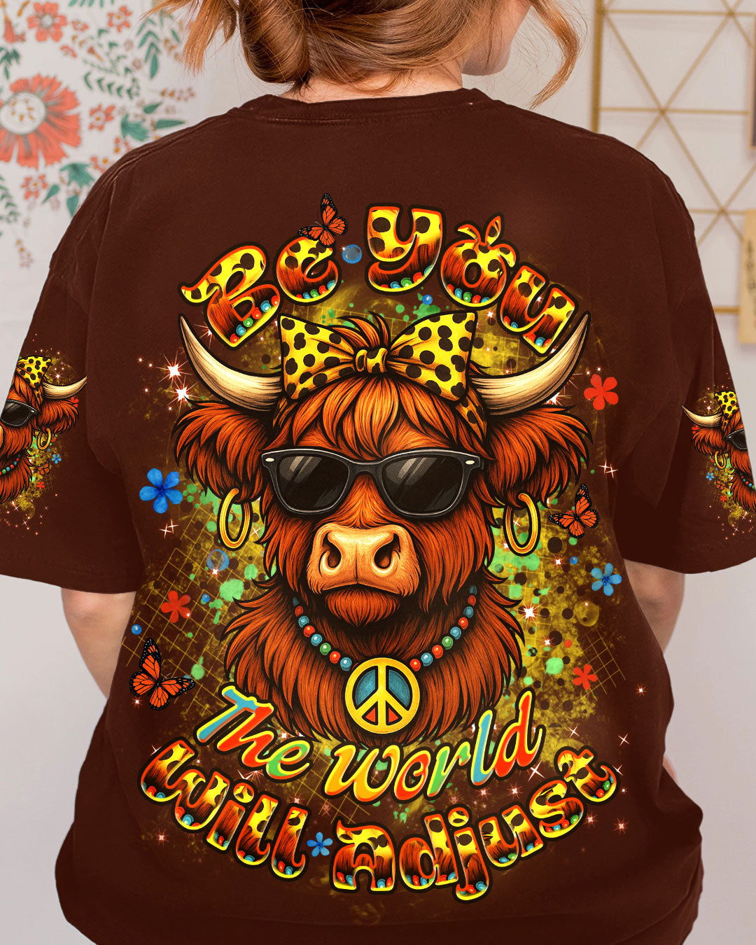 BE YOU THE WORLD WILL ADJUST HIGHLAND COW ALL OVER PRINT - YHDU2305252